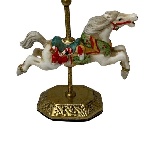 Christmas Carousel Horse Figurine Ceramic Brass 4" Holiday Decor - Picture 3 of 10